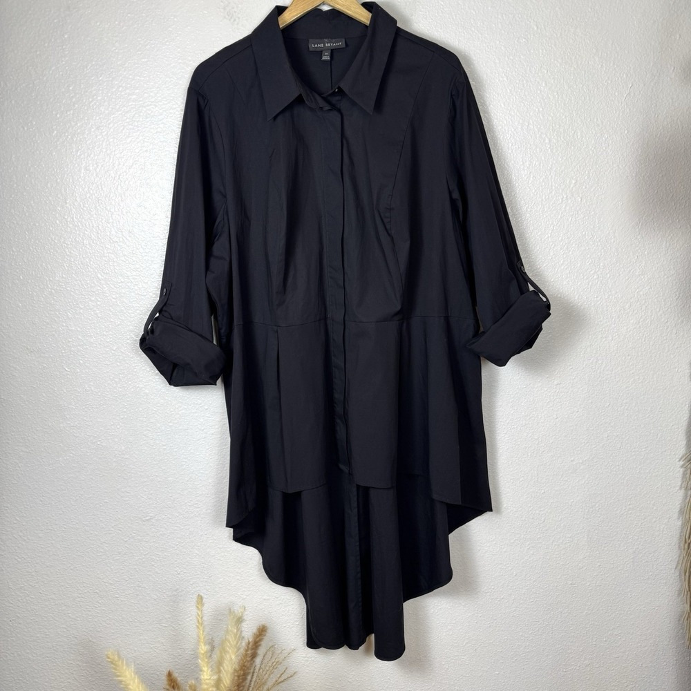 Lane Bryant Black High Low Hem Tunic Top Womens 24 Button Up Shirt Peplum Cotton